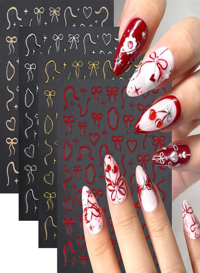 BSBTBZ 4Sheets Gold Silver Bows Nail Art Stickers 3D Cute Red Bows Heart Nail Decals for Acrylic Nails Self-Adhesive Irregular Lines Designs Nail Stickers Love Star Nail Decal for Women DIY Manicure Decor - Image 1